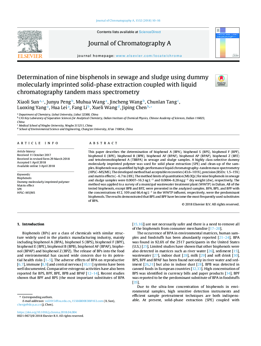 Determination of nine bisphenols in sewage and sludge using dummy molecularly imprinted solid-phase extraction coupled with liquid chromatography tandem mass spectrometry
