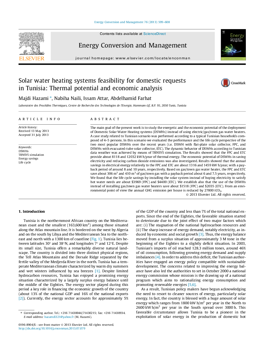 Solar water heating systems feasibility for domestic requests in Tunisia: Thermal potential and economic analysis