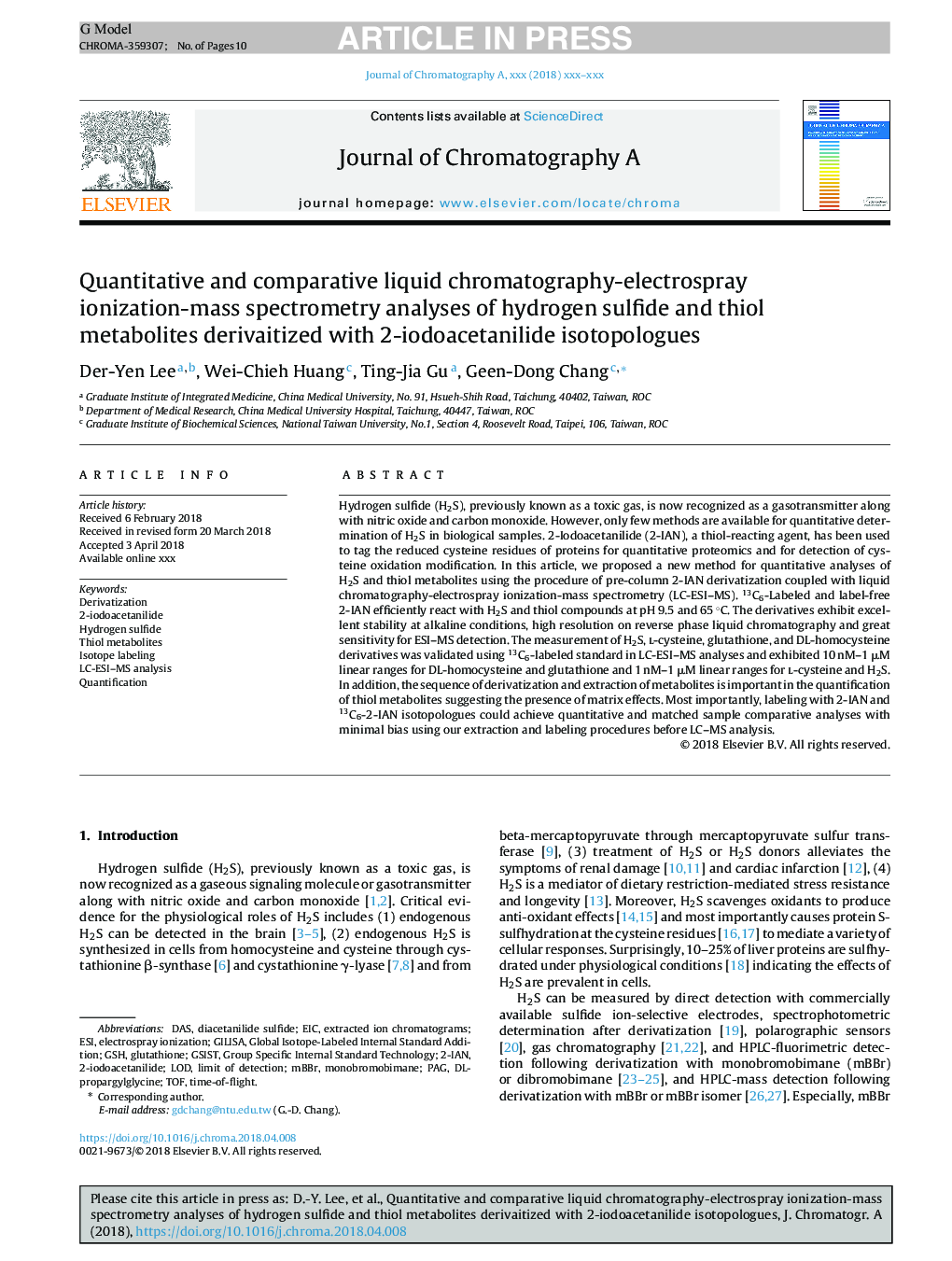 Quantitative and comparative liquid chromatography-electrospray ionization-mass spectrometry analyses of hydrogen sulfide and thiol metabolites derivaitized with 2-iodoacetanilide isotopologues