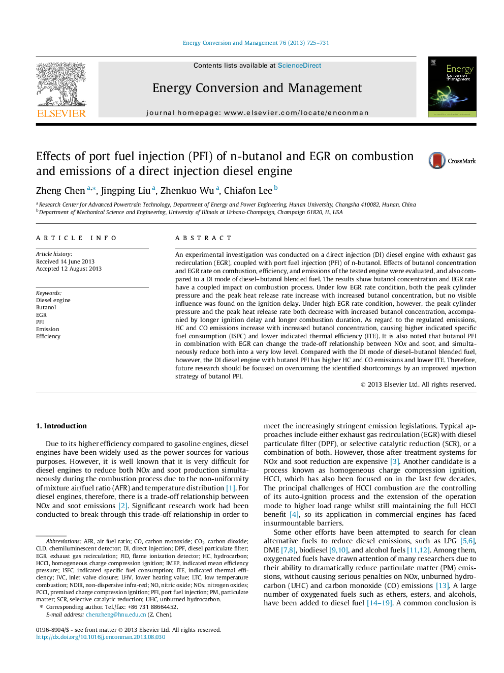 Effects of port fuel injection (PFI) of n-butanol and EGR on combustion and emissions of a direct injection diesel engine