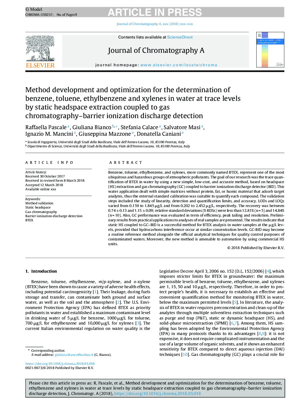 Method development and optimization for the determination of benzene, toluene, ethylbenzene and xylenes in water at trace levels by static headspace extraction coupled to gas chromatography-barrier ionization discharge detection