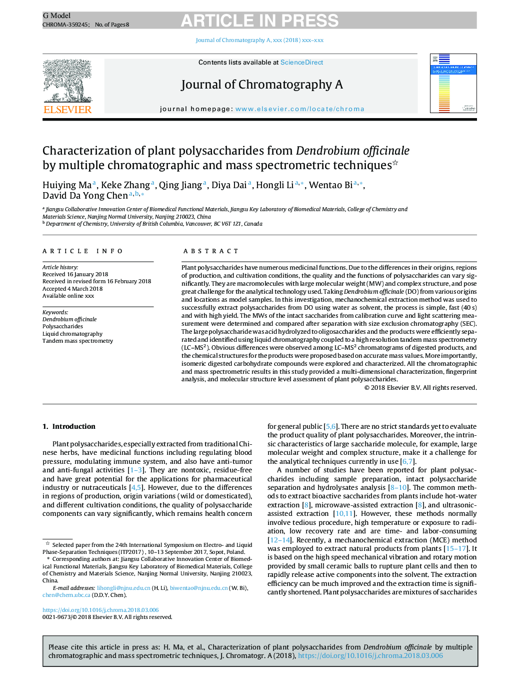 Characterization of plant polysaccharides from Dendrobium officinale by multiple chromatographic and mass spectrometric techniques