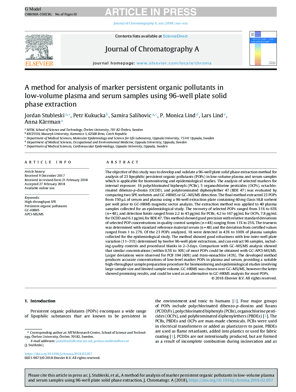 A method for analysis of marker persistent organic pollutants in low-volume plasma and serum samples using 96-well plate solid phase extraction