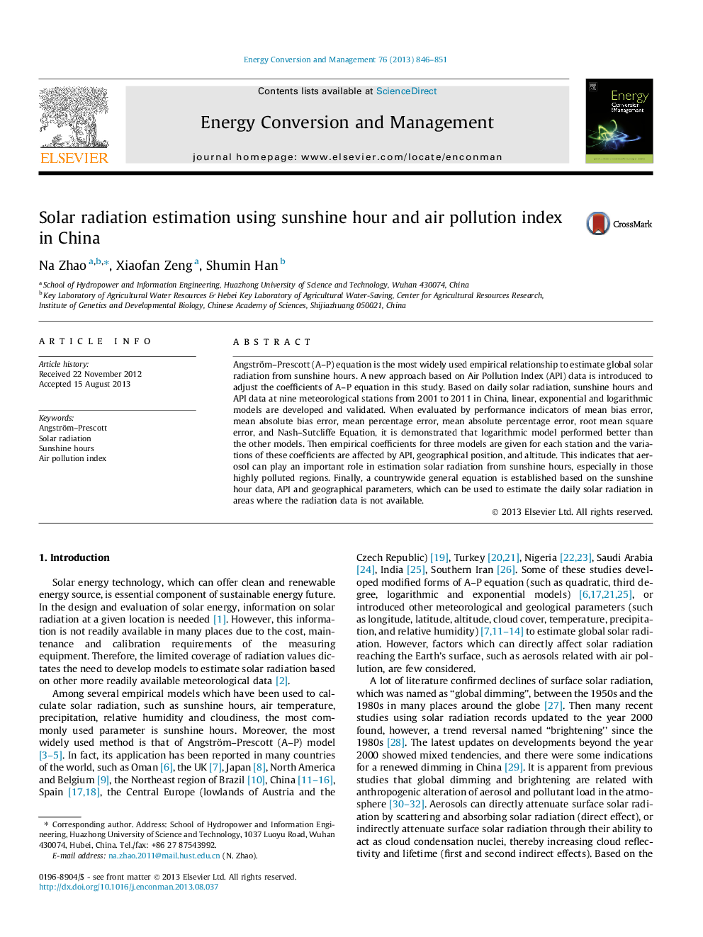 Solar radiation estimation using sunshine hour and air pollution index in China