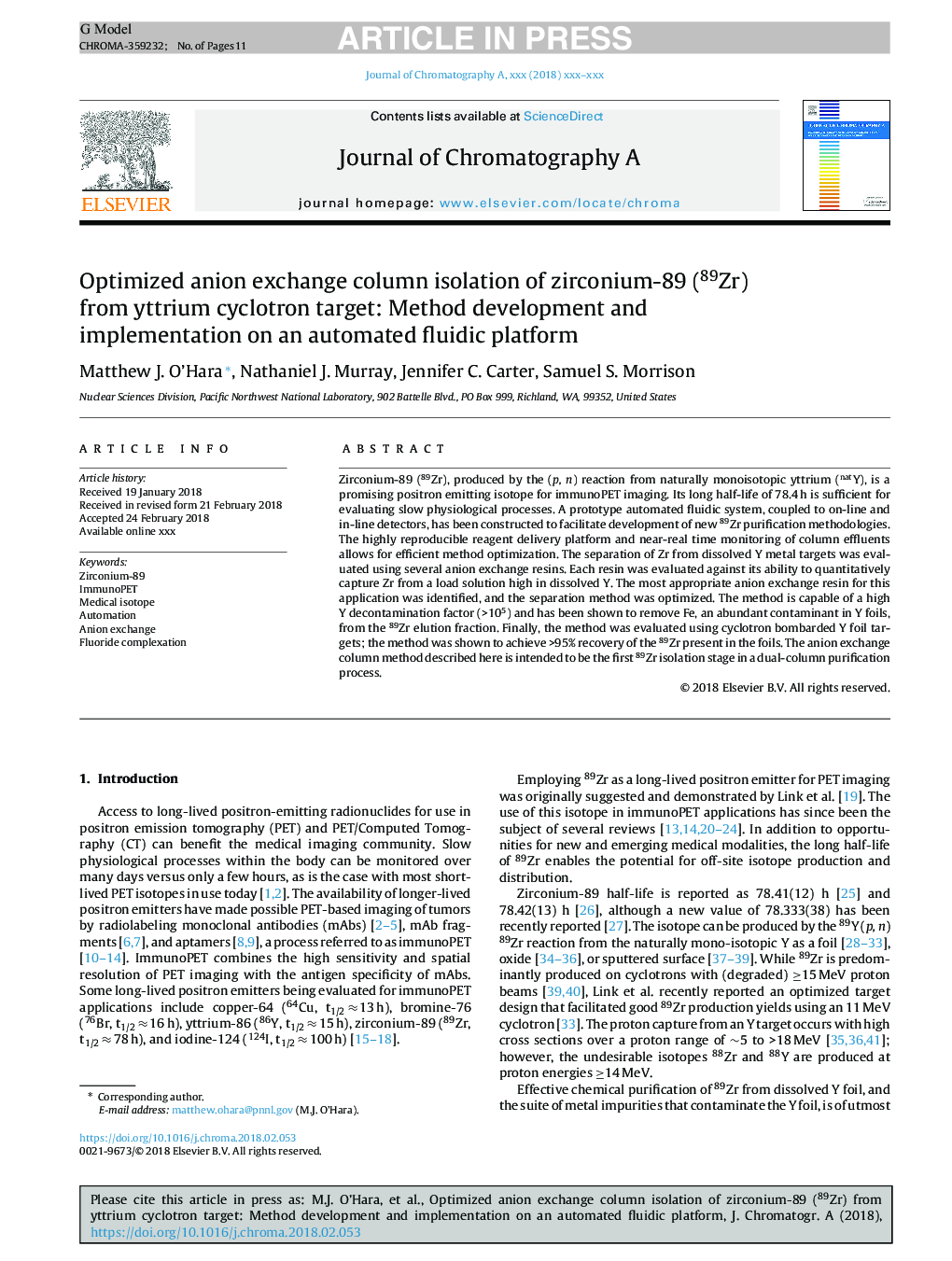 Optimized anion exchange column isolation of zirconium-89 (89Zr) from yttrium cyclotron target: Method development and implementation on an automated fluidic platform