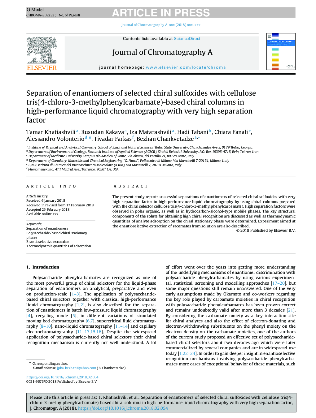 Separation of enantiomers of selected chiral sulfoxides with cellulose tris(4-chloro-3-methylphenylcarbamate)-based chiral columns in high-performance liquid chromatography with very high separation factor