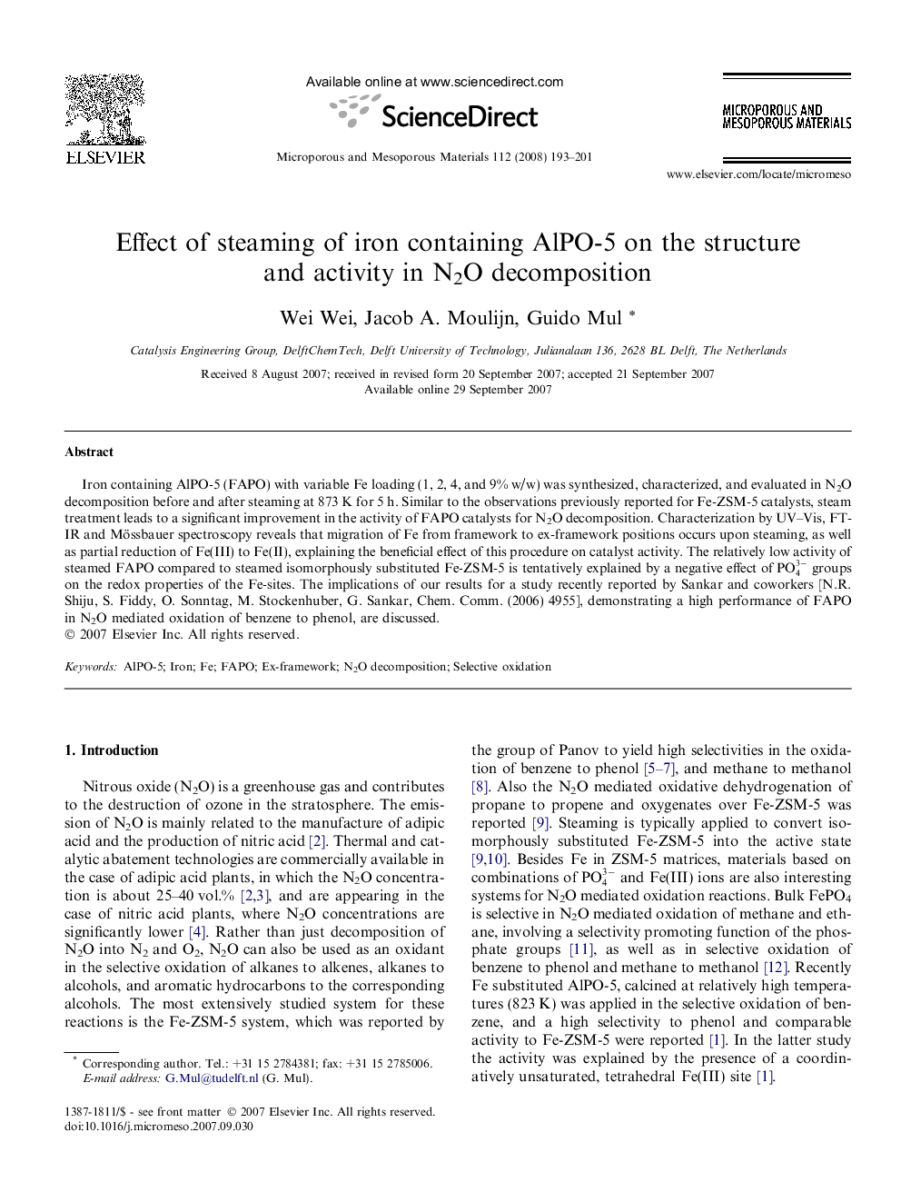 Effect of steaming of iron containing AlPO-5 on the structure and activity in N2O decomposition