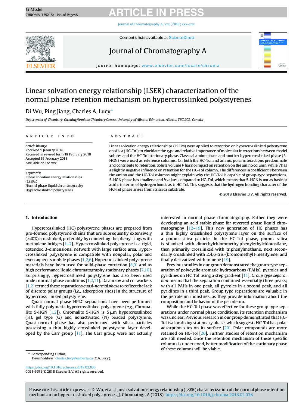 Linear solvation energy relationship (LSER) characterization of the normal phase retention mechanism on hypercrosslinked polystyrenes