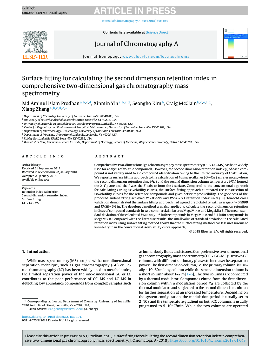 Surface fitting for calculating the second dimension retention index in comprehensive two-dimensional gas chromatography mass spectrometry