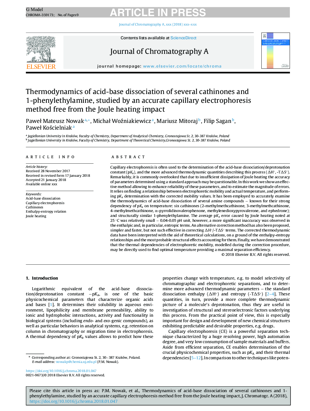 Thermodynamics of acid-base dissociation of several cathinones and 1âphenylethylamine, studied by an accurate capillary electrophoresis method free from the Joule heating impact