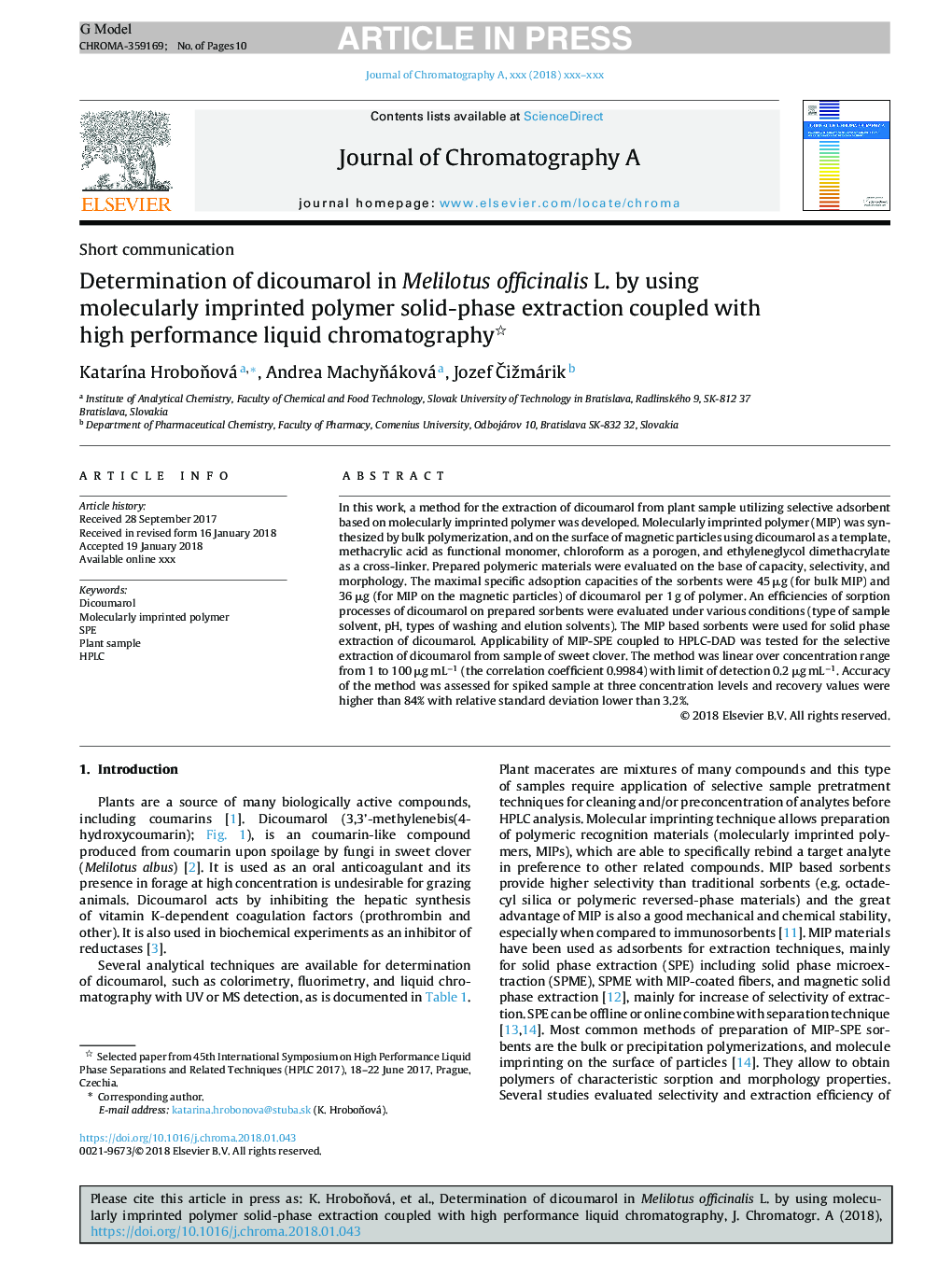 Determination of dicoumarol in Melilotus officinalis L. by using molecularly imprinted polymer solid-phase extraction coupled with high performance liquid chromatography