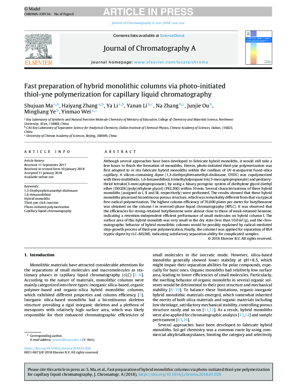 Fast preparation of hybrid monolithic columns via photo-initiated thiol-yne polymerization for capillary liquid chromatography