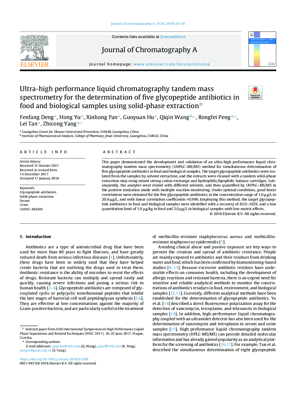 Ultra-high performance liquid chromatography tandem mass spectrometry for the determination of five glycopeptide antibiotics in food and biological samples using solid-phase extraction