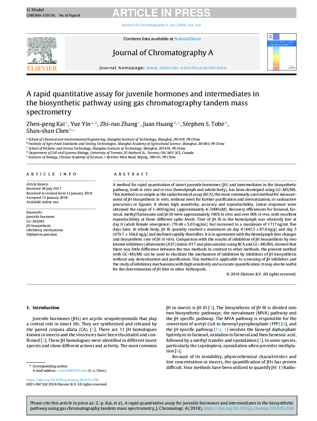 A rapid quantitative assay for juvenile hormones and intermediates in the biosynthetic pathway using gas chromatography tandem mass spectrometry