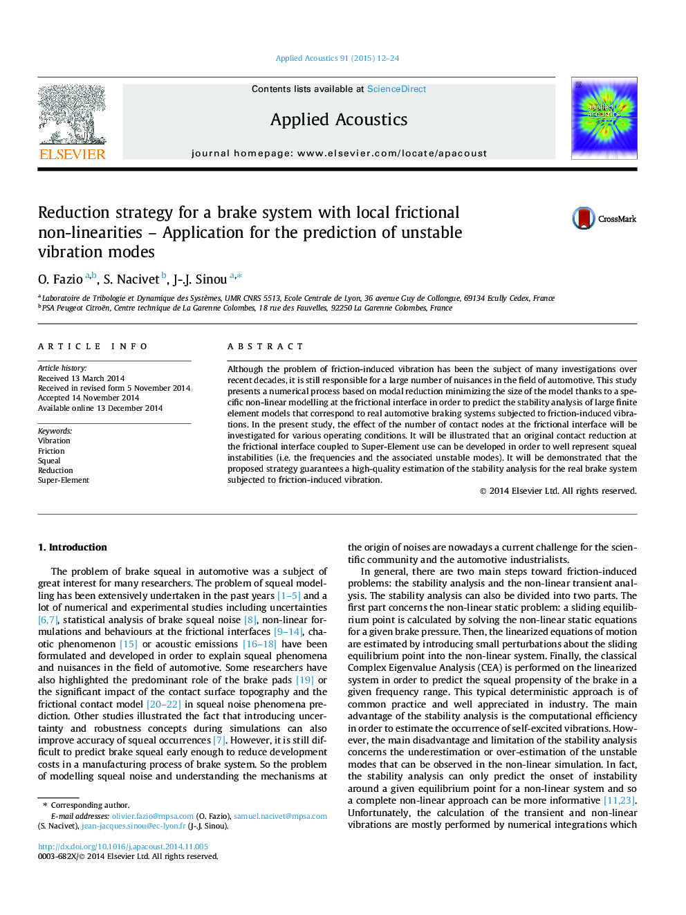 Reduction strategy for a brake system with local frictional non-linearities – Application for the prediction of unstable vibration modes