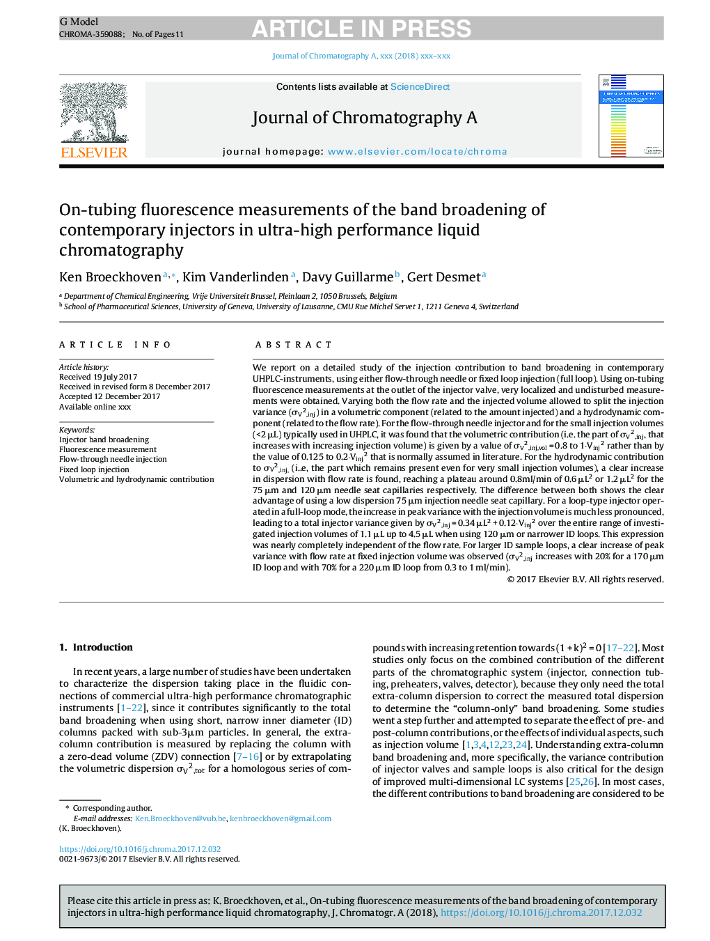 On-tubing fluorescence measurements of the band broadening of contemporary injectors in ultra-high performance liquid chromatography