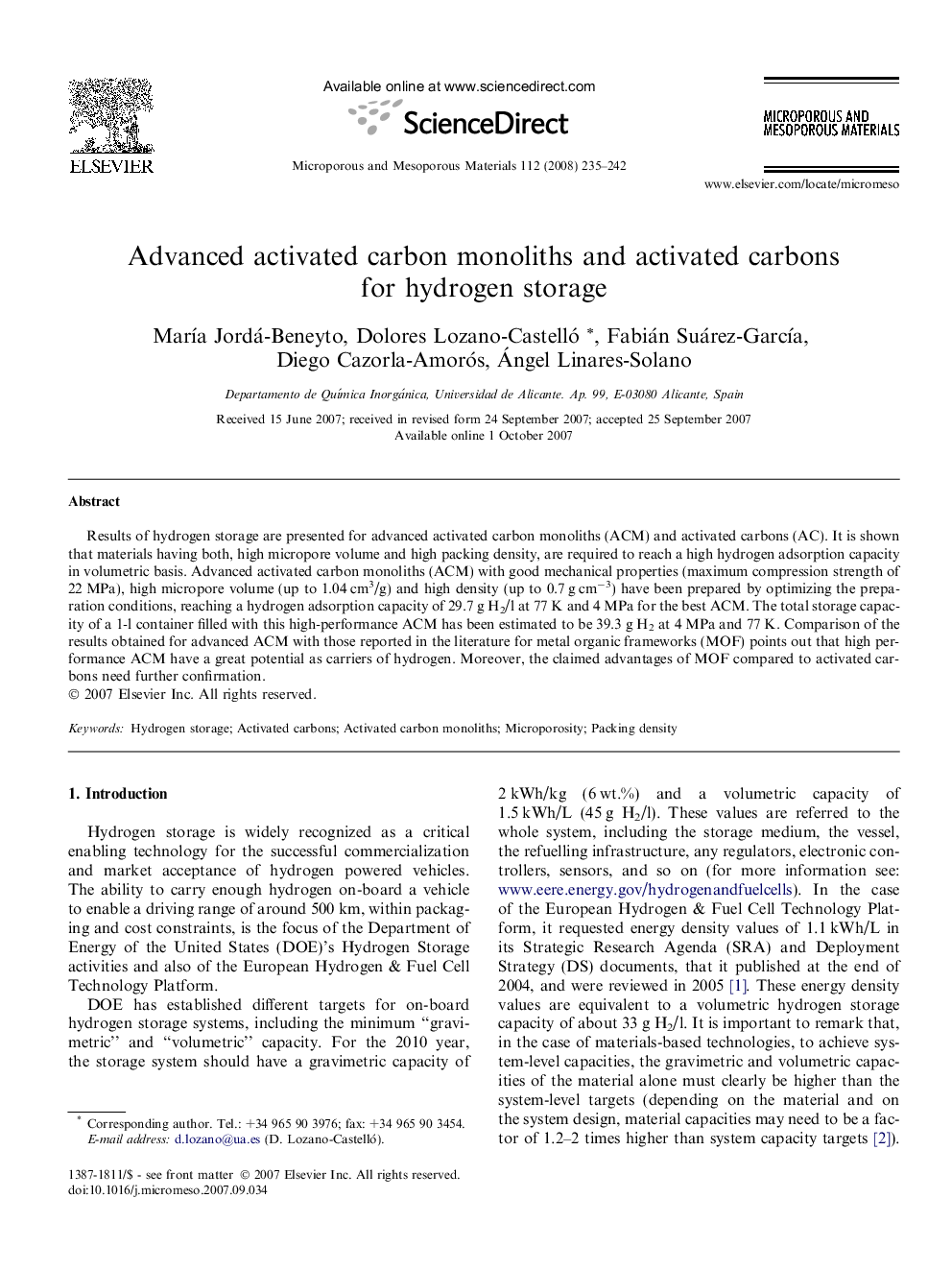 Advanced activated carbon monoliths and activated carbons for hydrogen storage