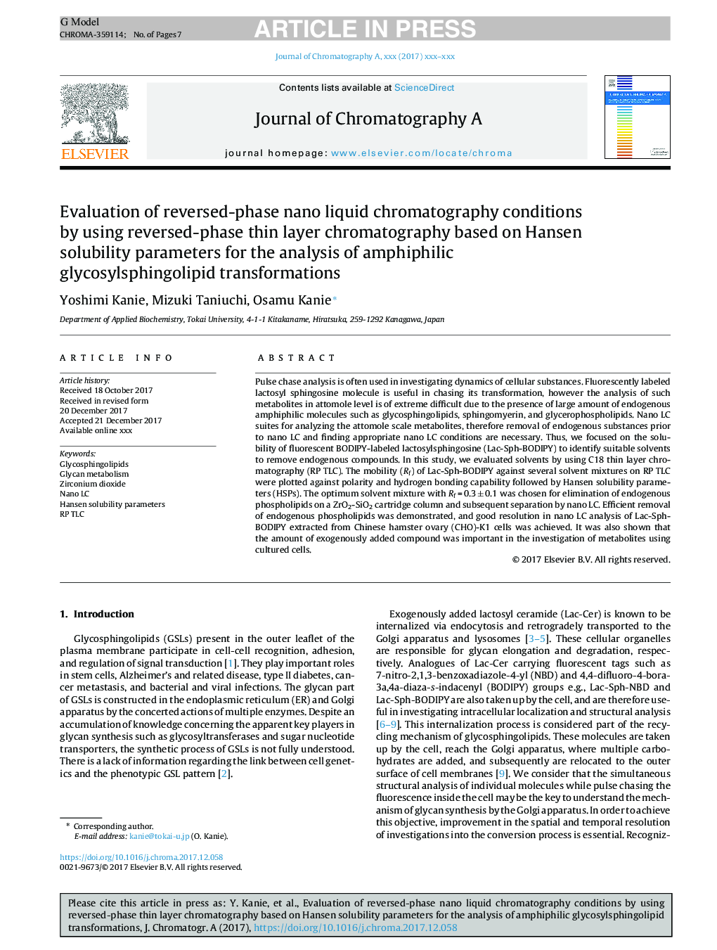 Evaluation of reversed-phase nano liquid chromatography conditions by using reversed-phase thin layer chromatography based on Hansen solubility parameters for the analysis of amphiphilic glycosylsphingolipid transformations