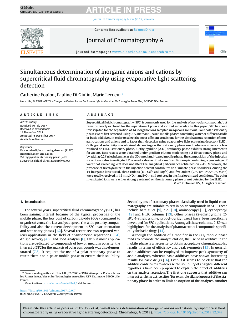 Simultaneous determination of inorganic anions and cations by supercritical fluid chromatography using evaporative light scattering detection