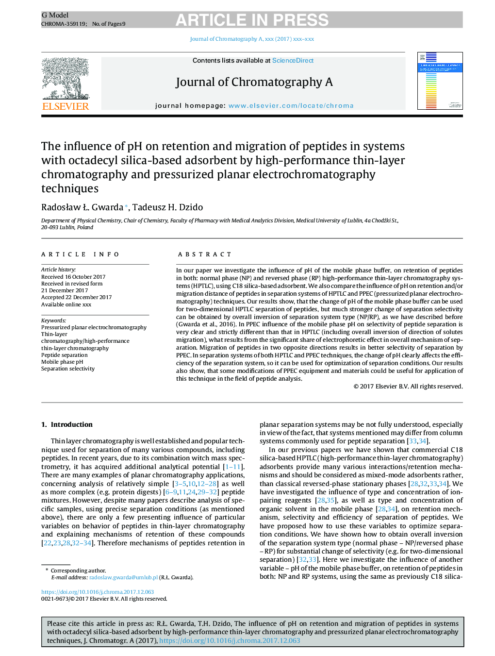 The influence of pH on retention and migration of peptides in systems with octadecyl silica-based adsorbent by high-performance thin-layer chromatography and pressurized planar electrochromatography techniques