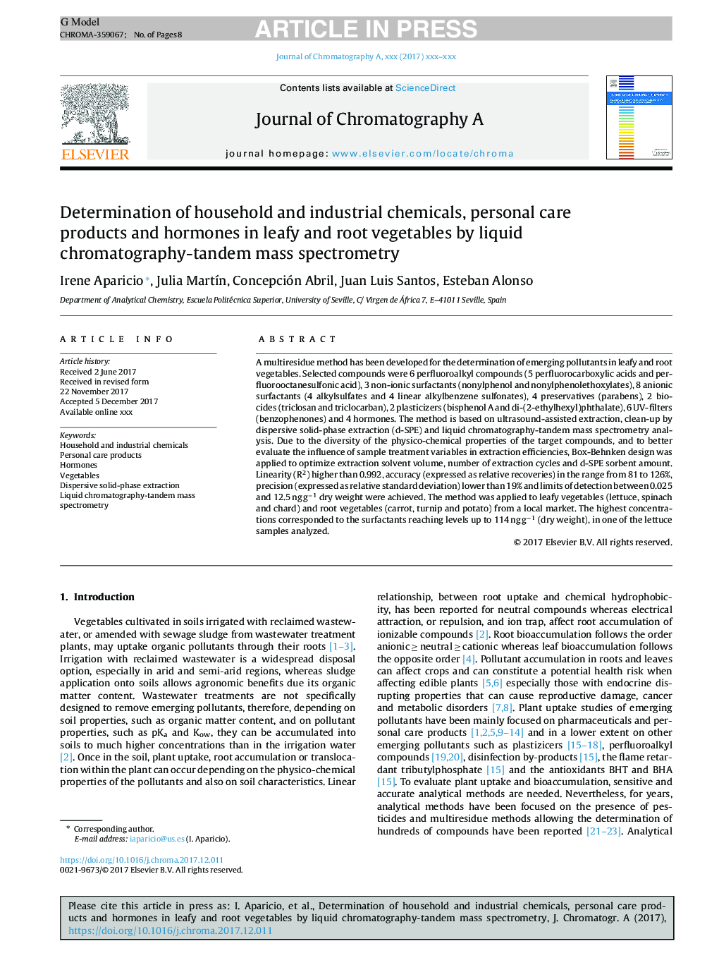 Determination of household and industrial chemicals, personal care products and hormones in leafy and root vegetables by liquid chromatography-tandem mass spectrometry