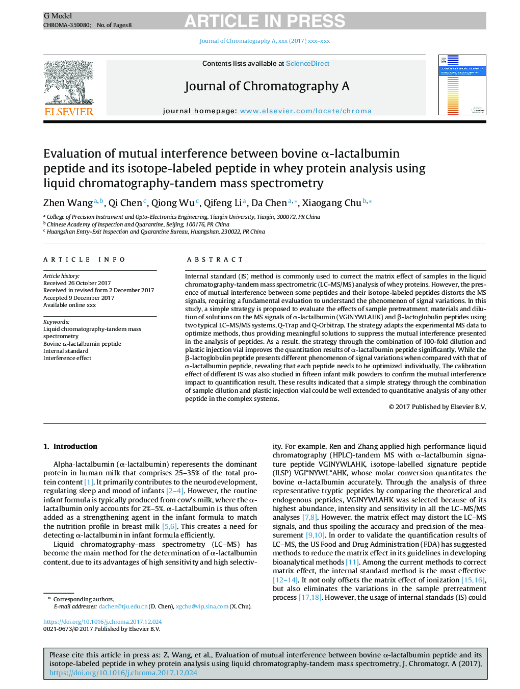 Evaluation of mutual interference between bovine Î±-lactalbumin peptide and its isotope-labeled peptide in whey protein analysis using liquid chromatography-tandem mass spectrometry