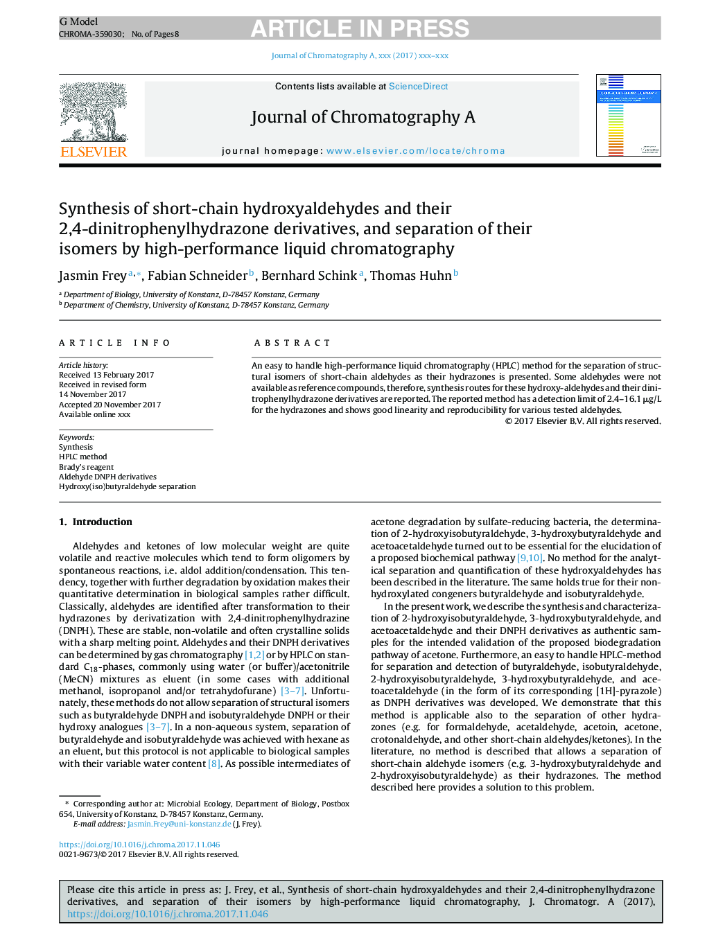 Synthesis of short-chain hydroxyaldehydes and their 2,4-dinitrophenylhydrazone derivatives, and separation of their isomers by high-performance liquid chromatography