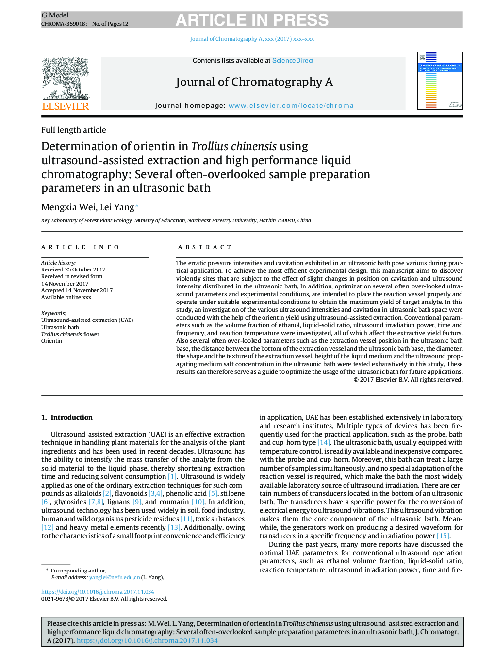 Determination of orientin in Trollius chinensis using ultrasound-assisted extraction and high performance liquid chromatography: Several often-overlooked sample preparation parameters in an ultrasonic bath