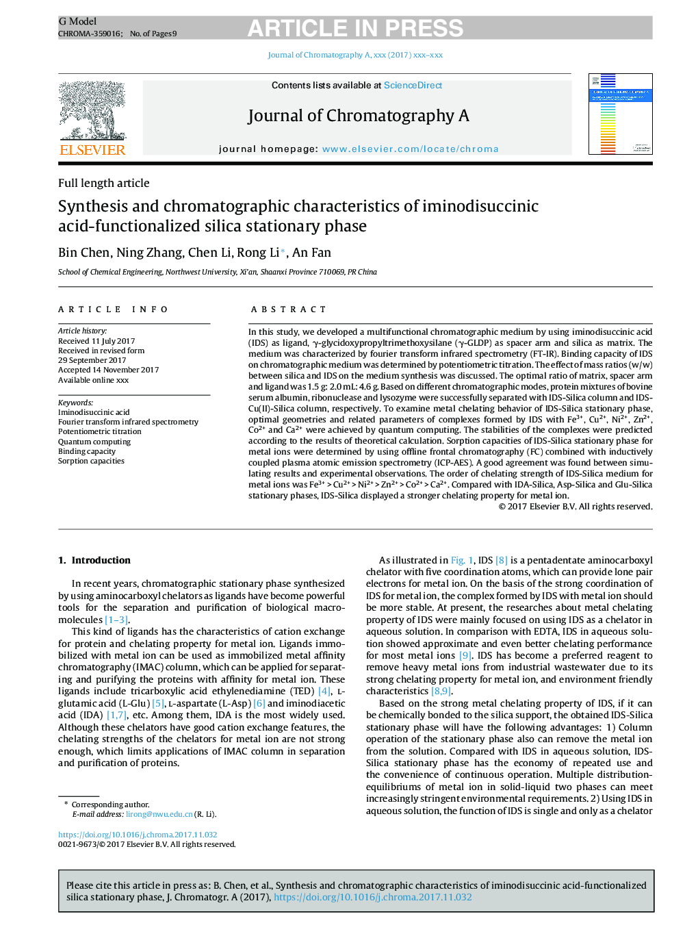 Synthesis and chromatographic characteristics of iminodisuccinic acid-functionalized silica stationary phase