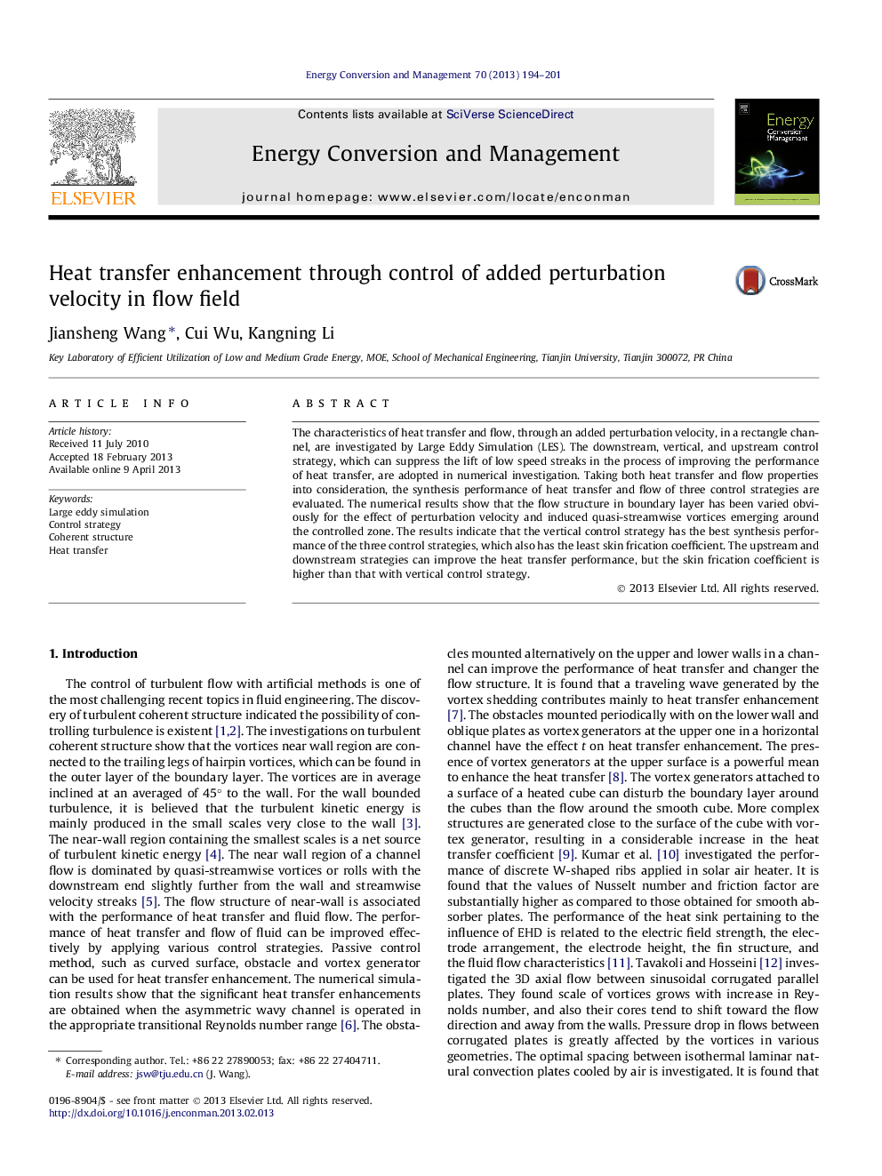 Heat transfer enhancement through control of added perturbation velocity in flow field