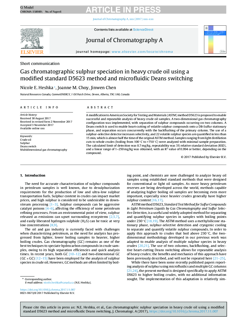 Gas chromatographic sulphur speciation in heavy crude oil using a modified standard D5623 method and microfluidic Deans switching