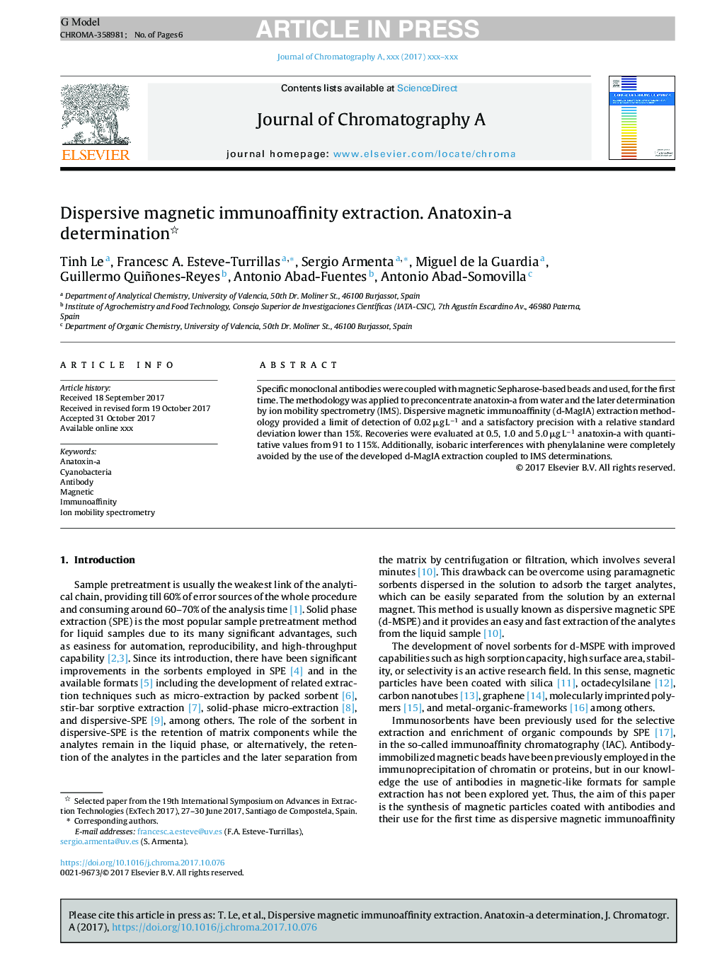 Dispersive magnetic immunoaffinity extraction. Anatoxin-a determination