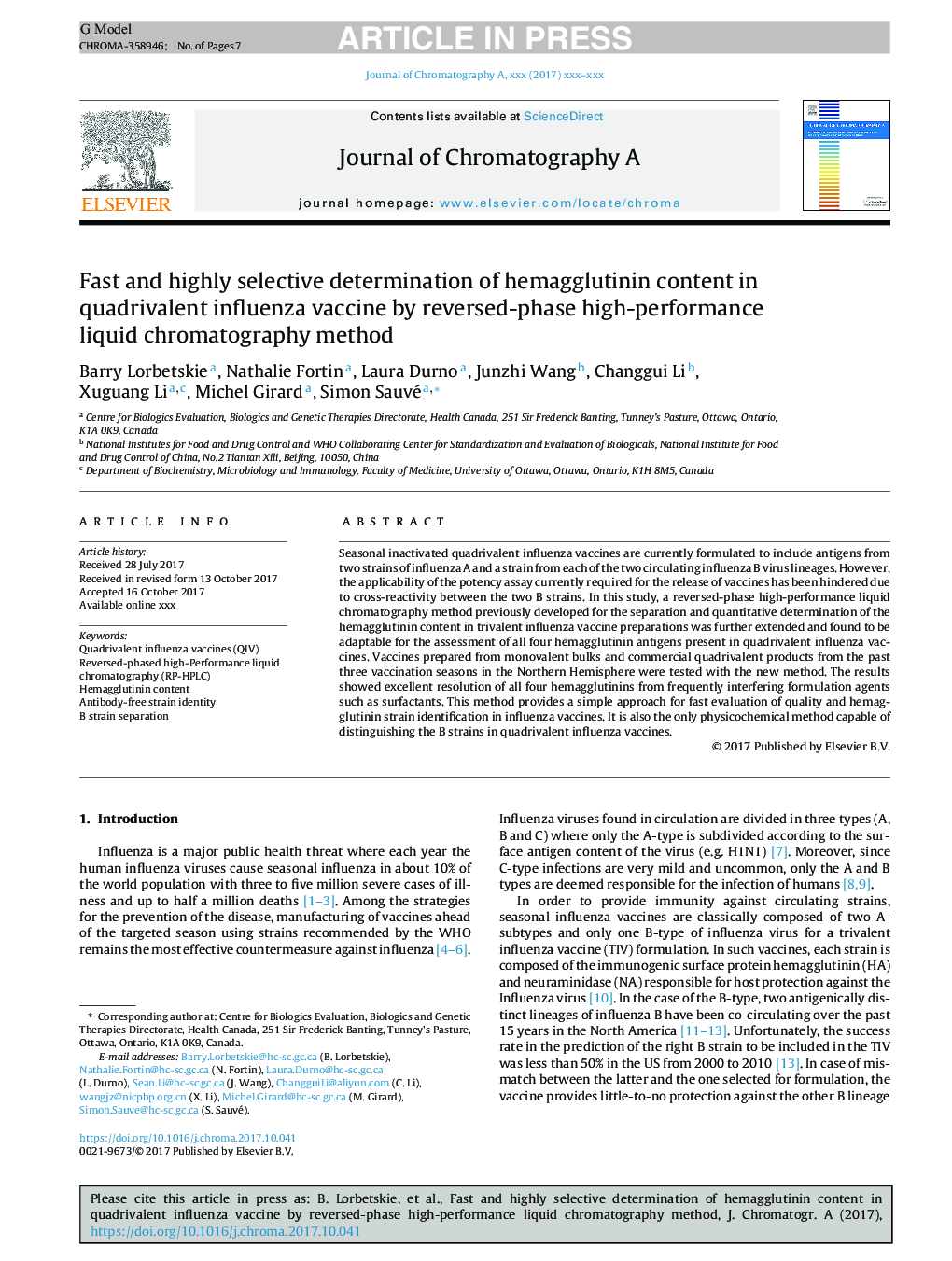 Fast and highly selective determination of hemagglutinin content in quadrivalent influenza vaccine by reversed-phase high-performance liquid chromatography method