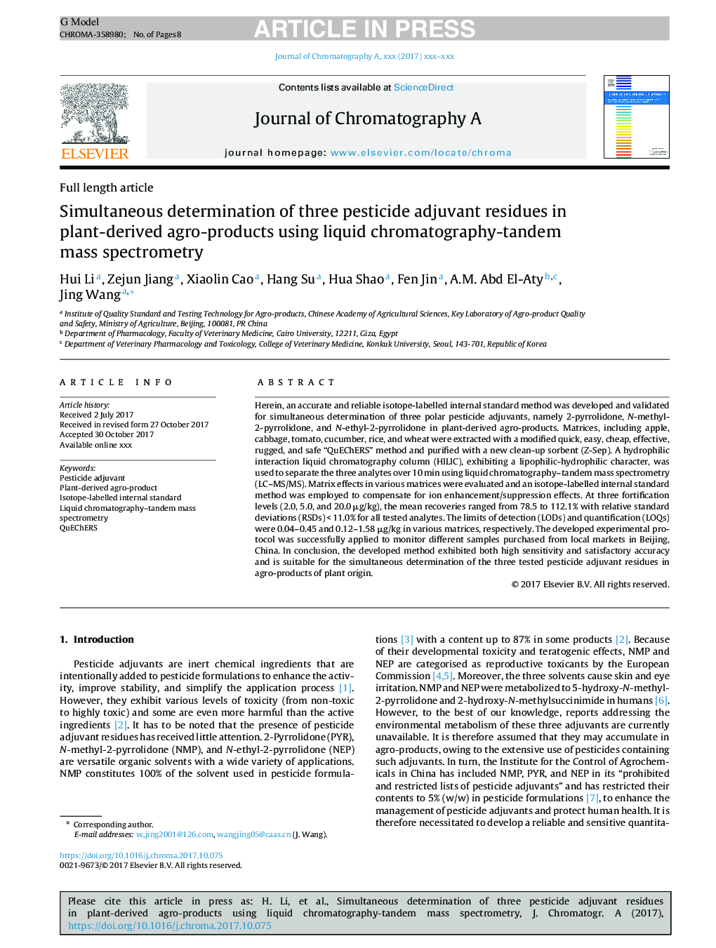 Simultaneous determination of three pesticide adjuvant residues in plant-derived agro-products using liquid chromatography-tandem mass spectrometry