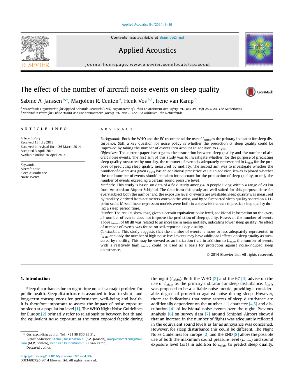 The effect of the number of aircraft noise events on sleep quality