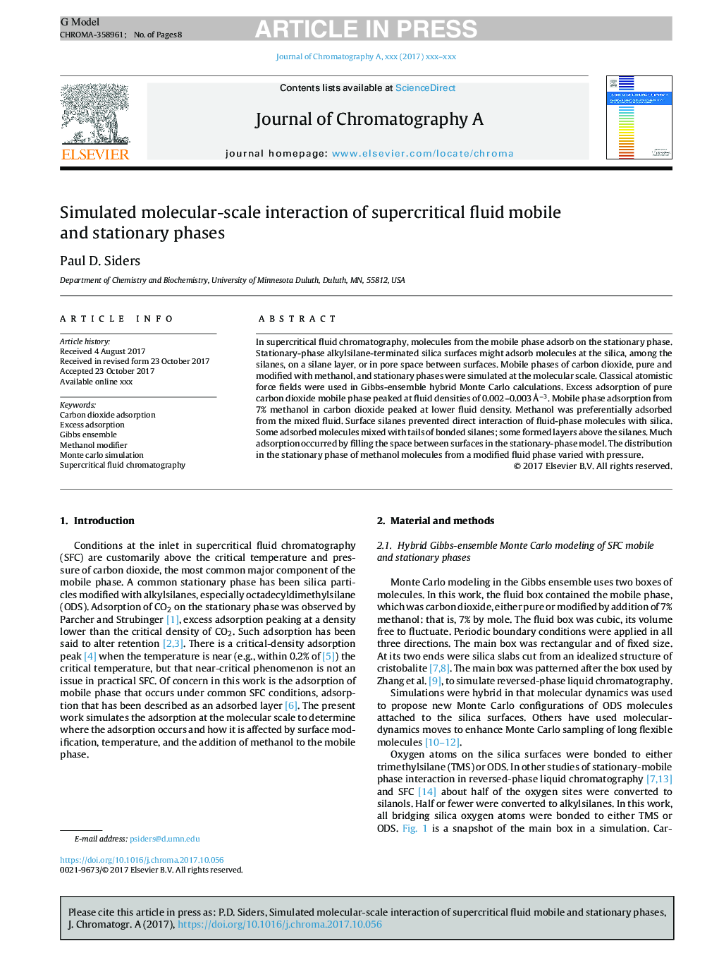 Simulated molecular-scale interaction of supercritical fluid mobile and stationary phases