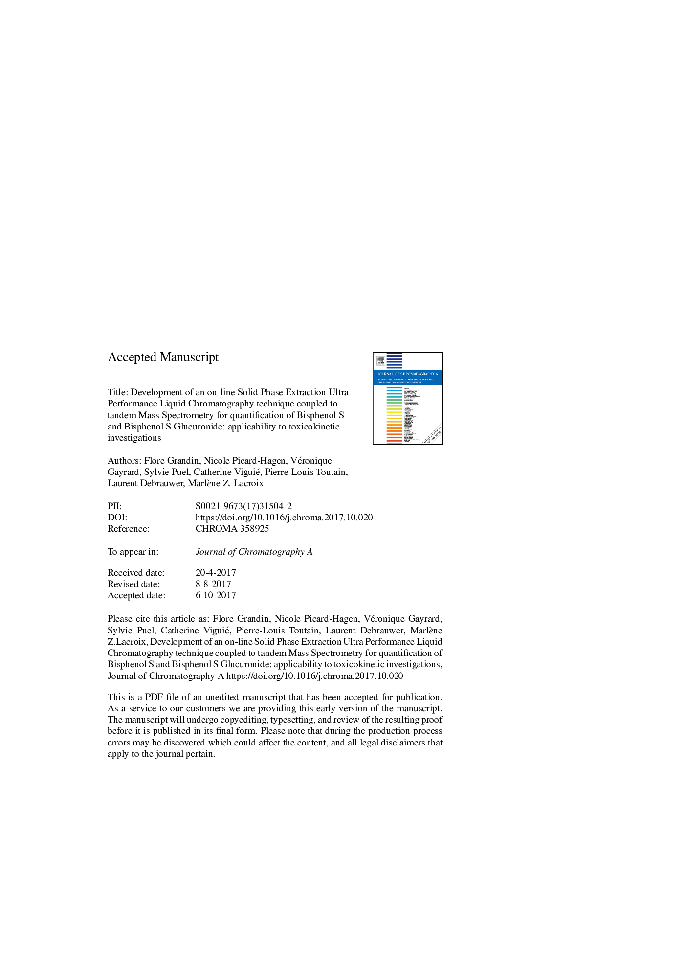 عکس صفحه اول مقاله: Development of an on-line solid phase extraction ultra-high-performance liquid chromatography technique coupled to tandem mass spectrometry for quantification of bisphenol S and bisphenol S glucuronide: Applicability to toxicokinetic investigations Development of an on-line solid phase extraction ultra-high-performance liquid chromatography technique coupled to tandem mass spectrometry for quantification of bisphenol S and bisphenol S glucuronide: Applicability to toxicokinetic investigations