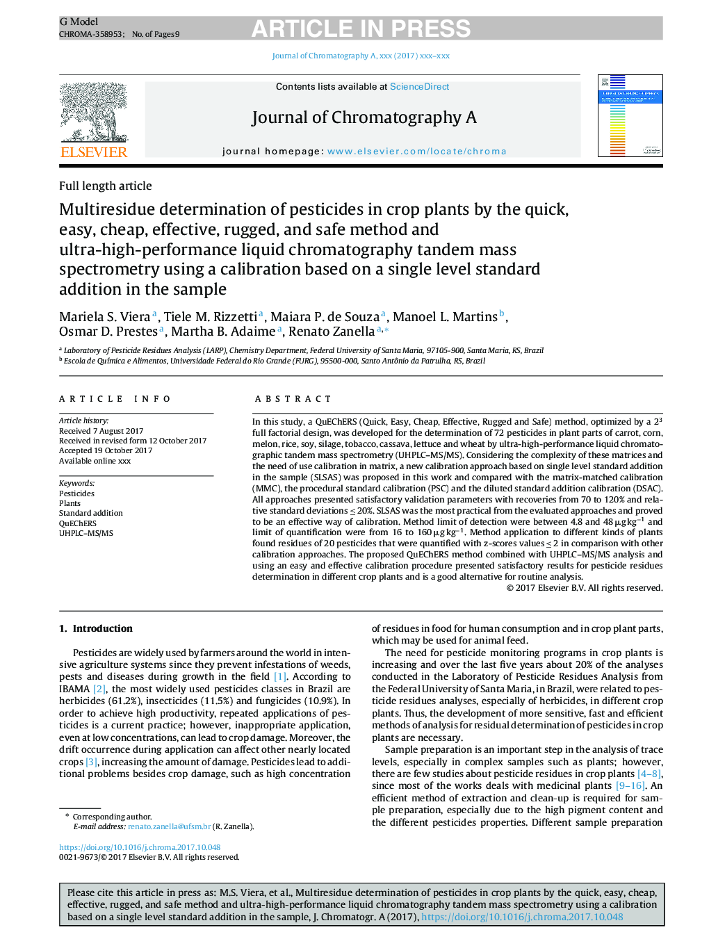 Multiresidue determination of pesticides in crop plants by the quick, easy, cheap, effective, rugged, and safe method and ultra-high-performance liquid chromatography tandem mass spectrometry using a calibration based on a single level standard addition i