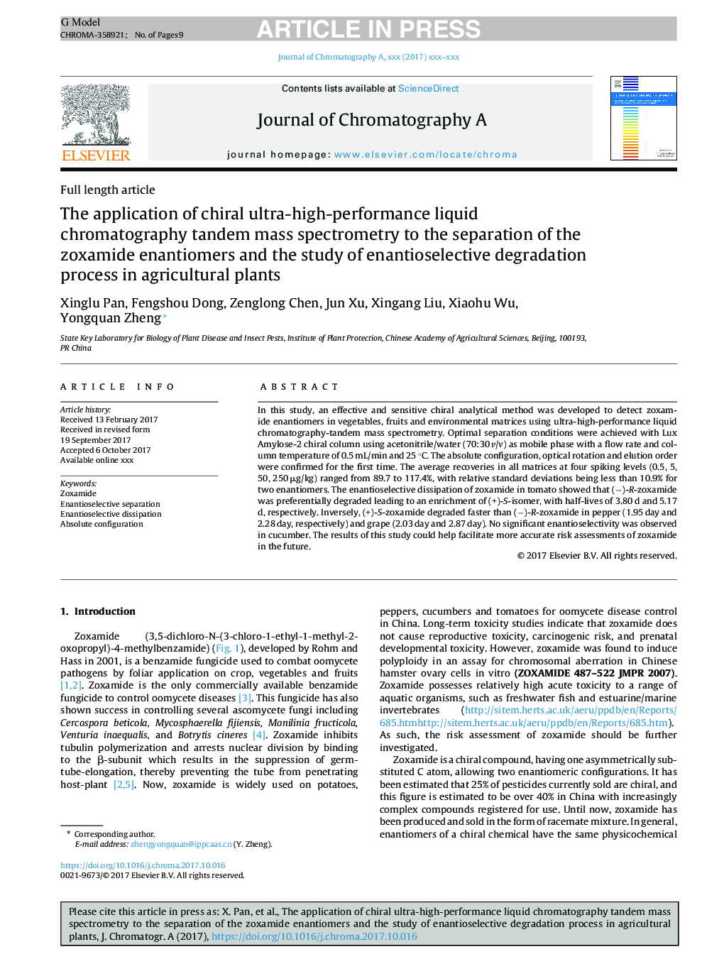 The application of chiral ultra-high-performance liquid chromatography tandem mass spectrometry to the separation of the zoxamide enantiomers and the study of enantioselective degradation process in agricultural plants