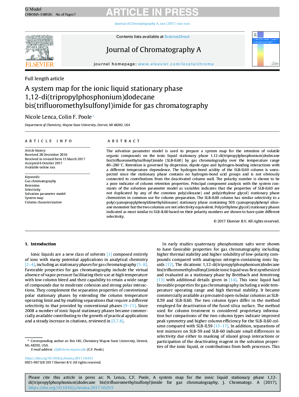 A system map for the ionic liquid stationary phase 1,12-di(tripropylphosphonium)dodecane bis(trifluoromethylsulfonyl)imide for gas chromatography