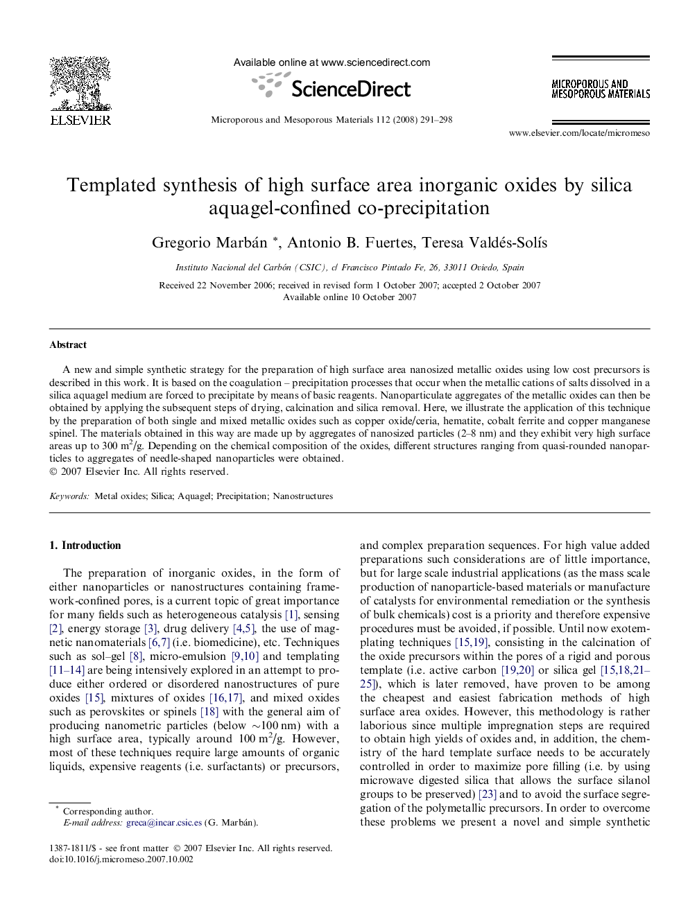 عکس صفحه اول مقاله: Templated synthesis of high surface area inorganic oxides by silica aquagel-confined co-precipitation Templated synthesis of high surface area inorganic oxides by silica aquagel-confined co-precipitation