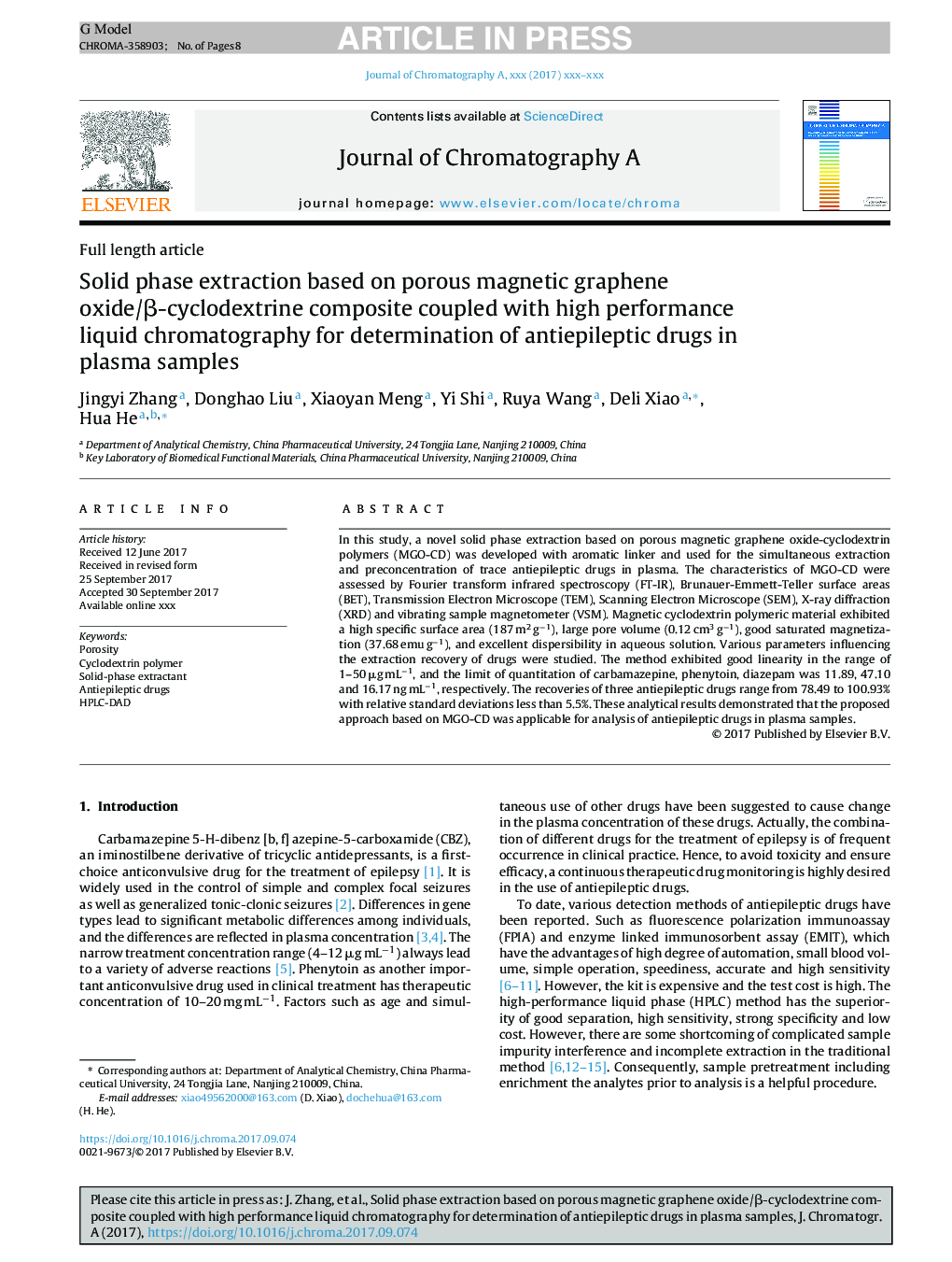 Solid phase extraction based on porous magnetic graphene oxide/Î²-cyclodextrine composite coupled with high performance liquid chromatography for determination of antiepileptic drugs in plasma samples