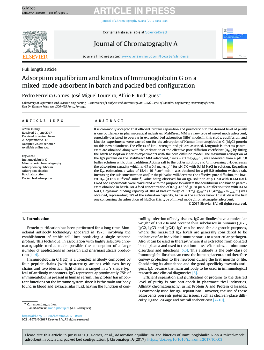 Adsorption equilibrium and kinetics of Immunoglobulin G on a mixed-mode adsorbent in batch and packed bed configuration