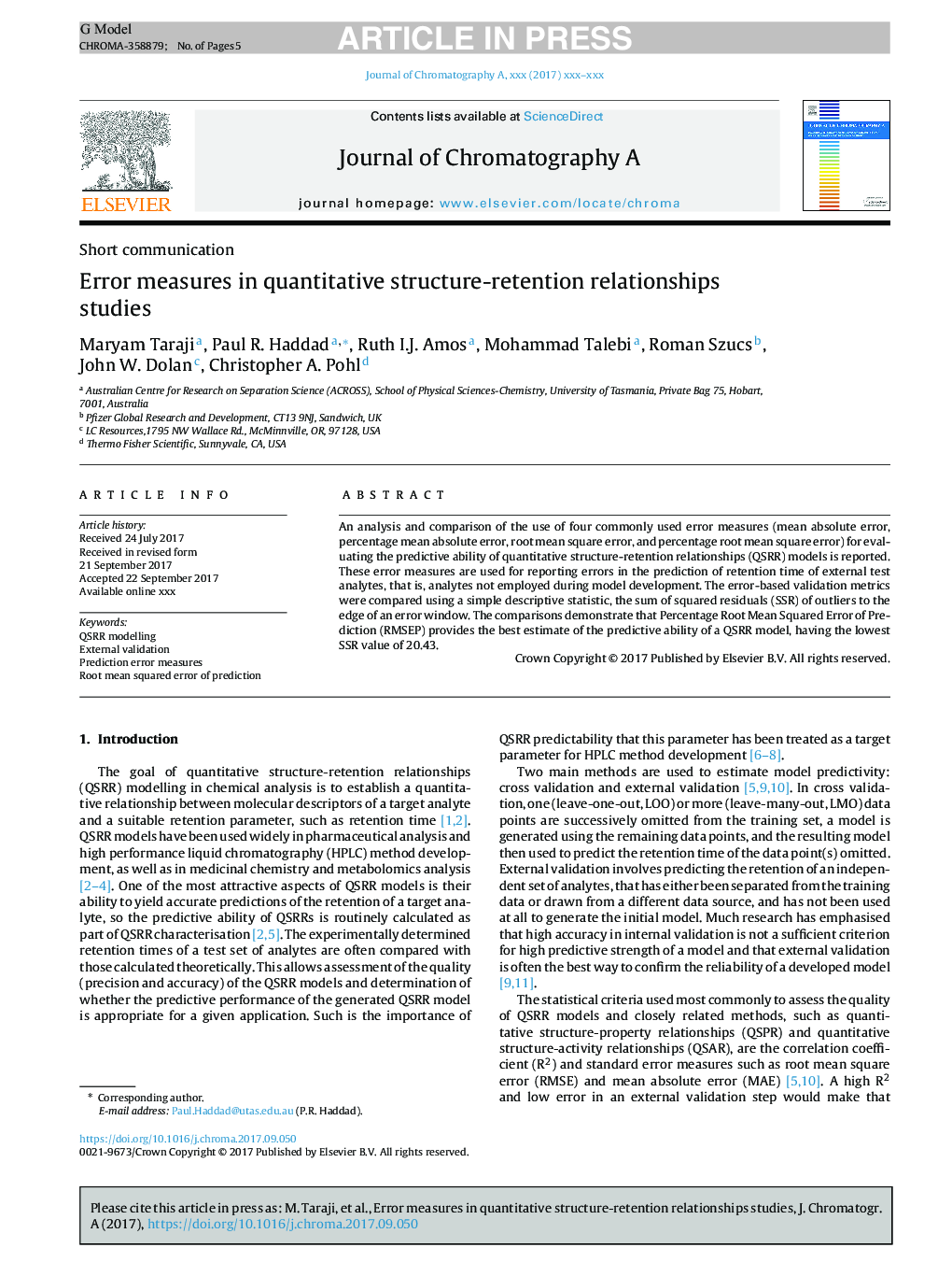 Error measures in quantitative structure-retention relationships studies