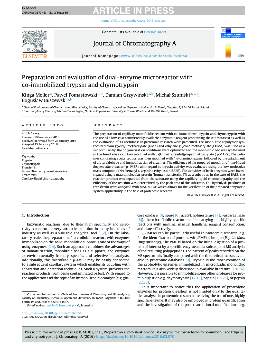 Preparation and evaluation of dual-enzyme microreactor with co-immobilized trypsin and chymotrypsin