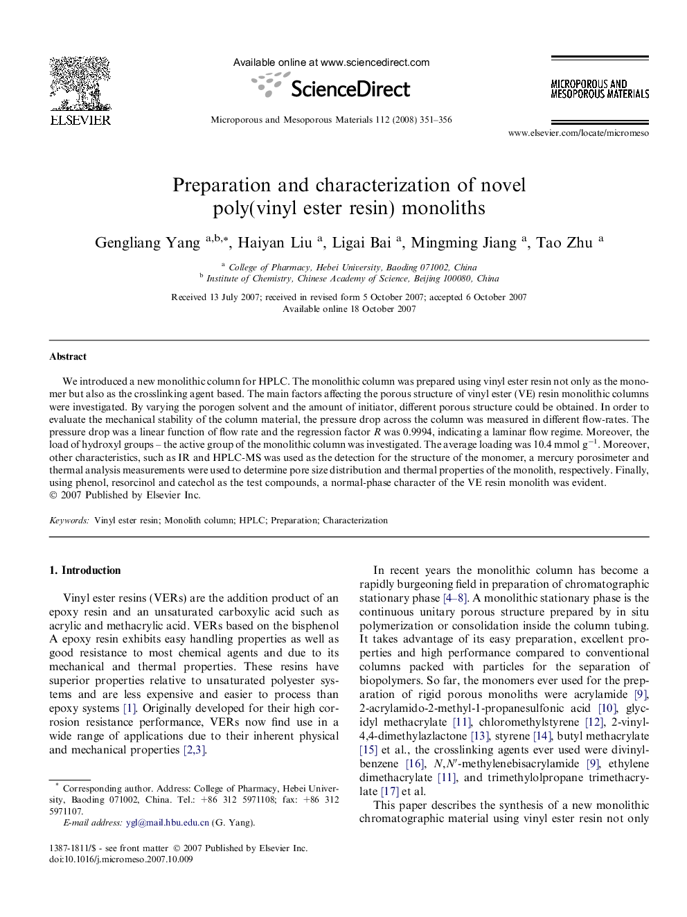 Preparation and characterization of novel poly(vinyl ester resin) monoliths