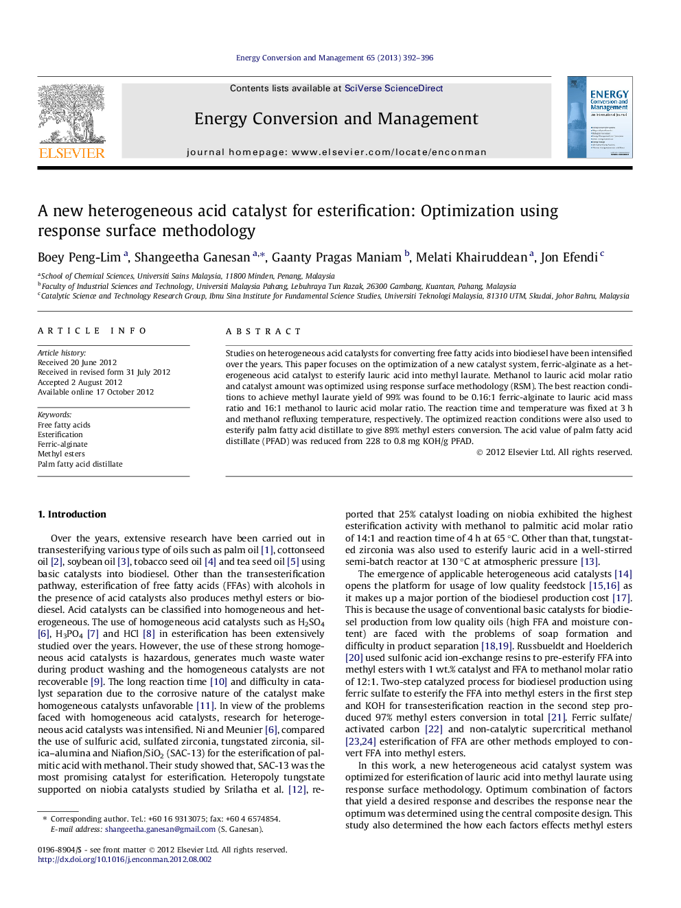 A new heterogeneous acid catalyst for esterification: Optimization using response surface methodology