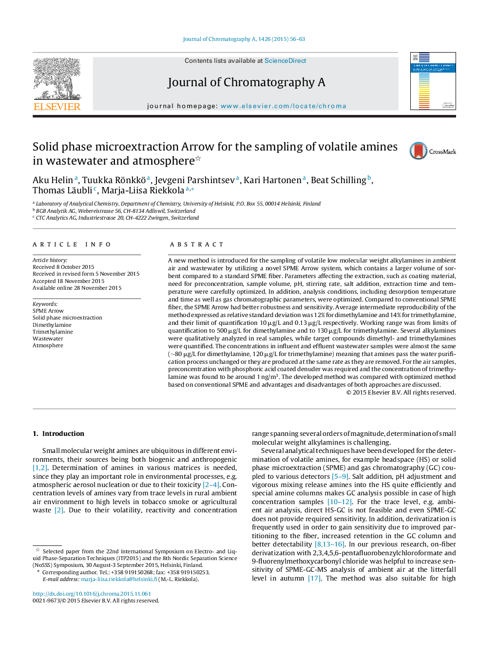 Solid phase microextraction Arrow for the sampling of volatile amines in wastewater and atmosphere