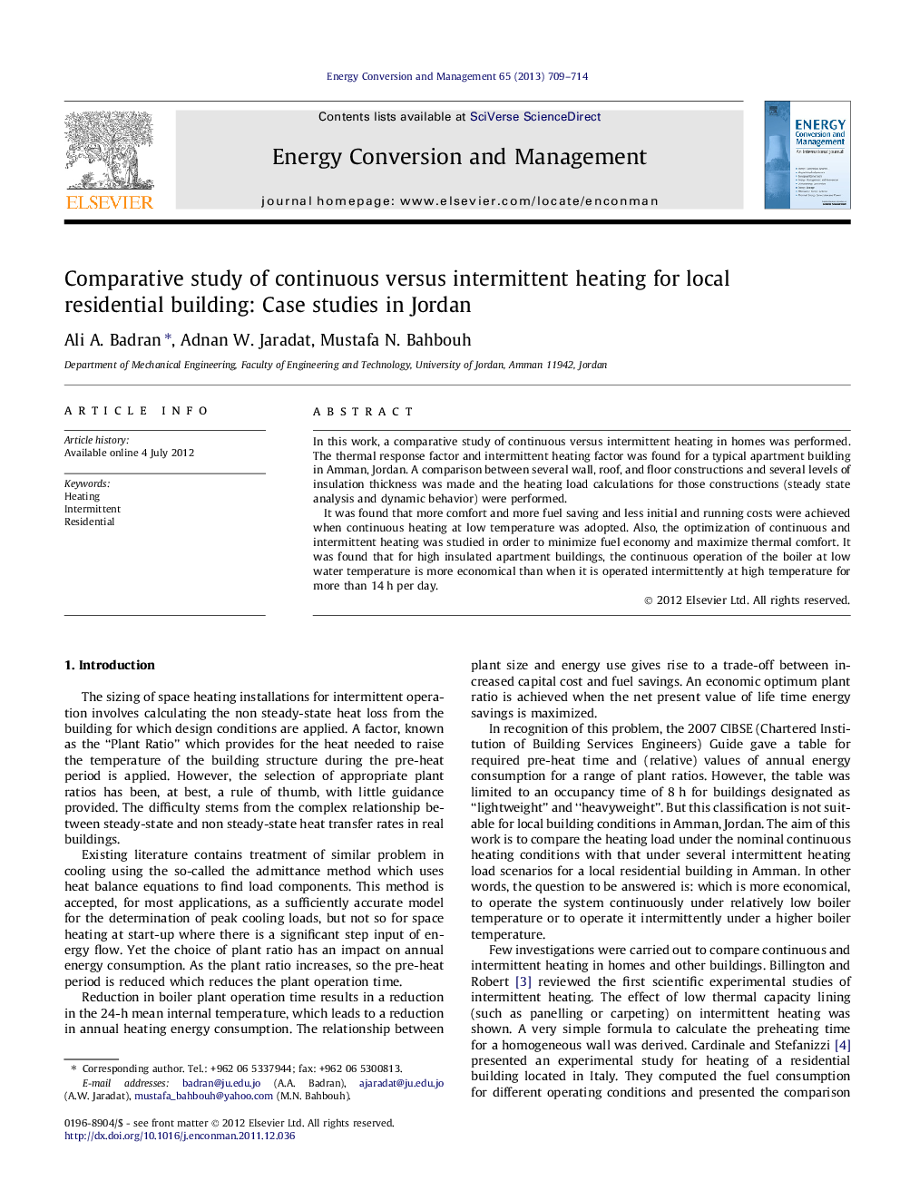 Comparative study of continuous versus intermittent heating for local residential building: Case studies in Jordan