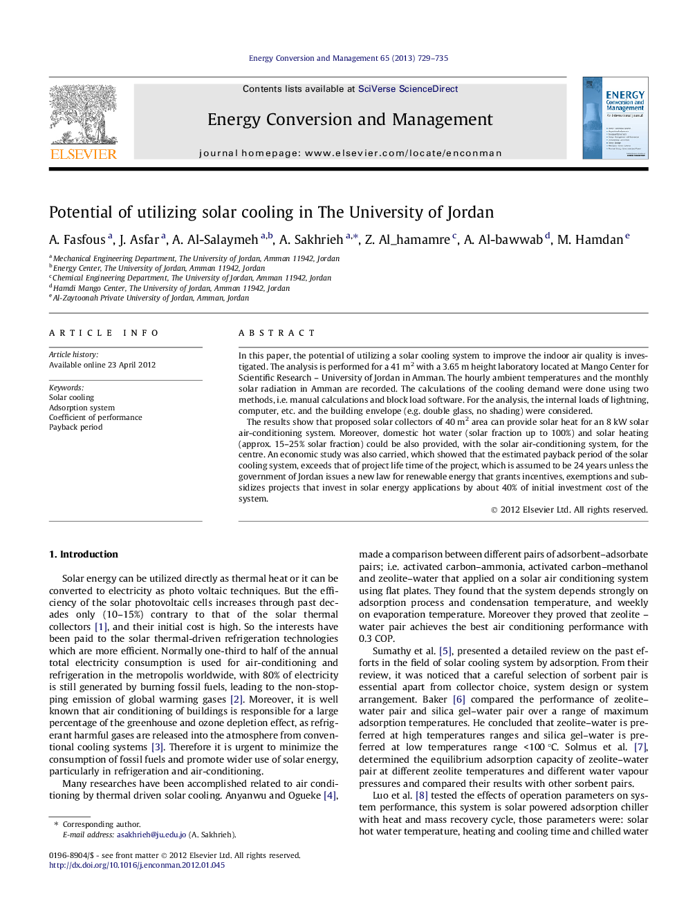 Potential of utilizing solar cooling in The University of Jordan